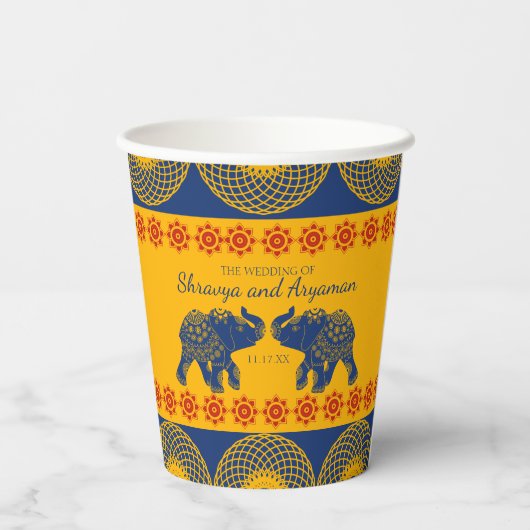 Indische Gedekte olifanten op Royal Blue Wedding Papieren Bekers (Achterkant)