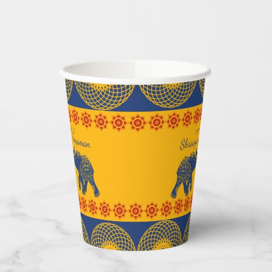 Indische Gedekte olifanten op Royal Blue Wedding Papieren Bekers (Links)