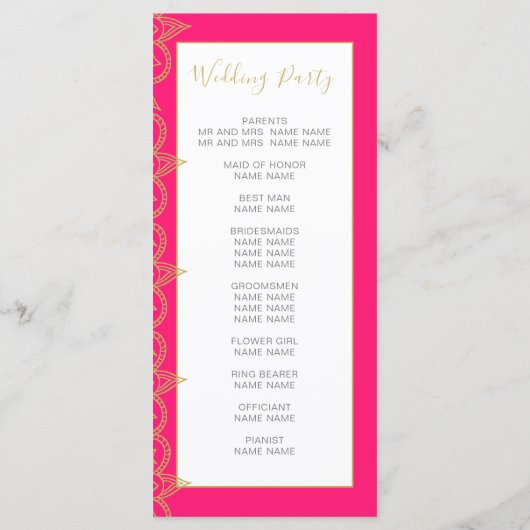 Indische goudkleurige gouden kleurenweddenschap programmakaart (Achterkant)