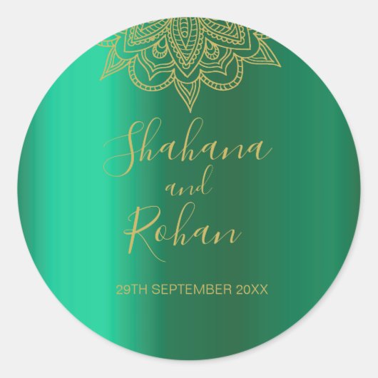 Indische goudkleurige moderne grafische bruiloft ronde sticker (Voorkant)