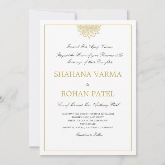 Indische goudkleurige rode goudkleurige bruiloft kaart (Voorkant)