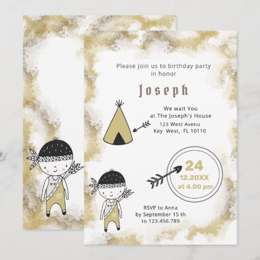 Indische grafische Waterverf boys Birthday Uitnodi Save The Date (Voorkant / Achterkant)