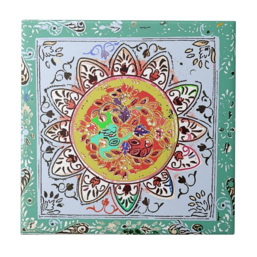 Indische Groene Gele Floral Tile Tegeltje (Voorkant)