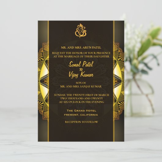 Indische Hindoe Bruiloft Chakra Design Zwart Goud Kaart (Staand voorkant)