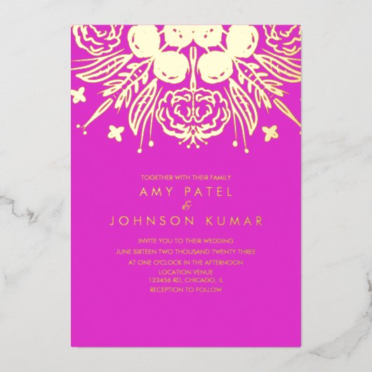Indische hindoe Hand Drawn Wedding geperst Folie Uitnodiging (Voorkant)