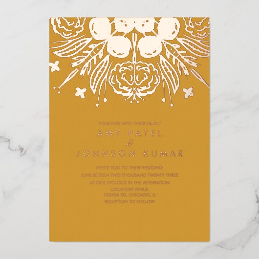 Indische hindoe Hand Drawn Wedding geperst Folie Uitnodiging (Voorkant)