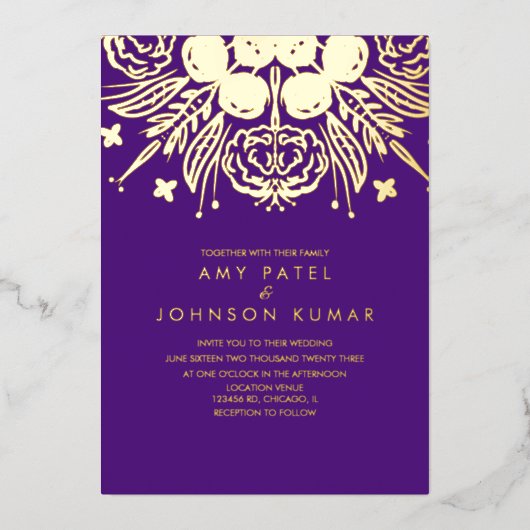 Indische hindoe Hand Drawn Wedding geperst Folie Uitnodiging (Voorkant)