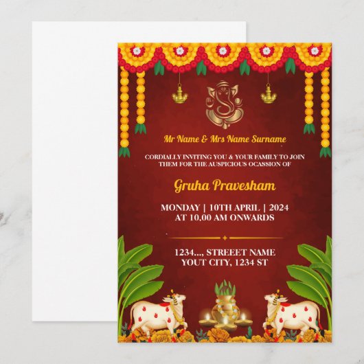 Indische Housewarming Uitnodigingskaart, Gruha Pra Kaart (Voorkant / Achterkant)