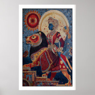 Indische krijgerprint mozaïek leeuwenrijder - Blau Poster
