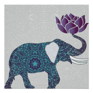 Indische olifant Blauwgroen en Paarse Lotus Poster