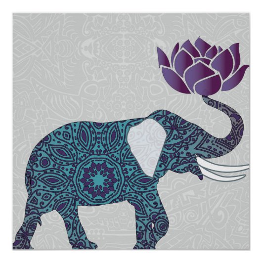 Indische olifant Blauwgroen en Paarse Lotus Poster (Voorkant)