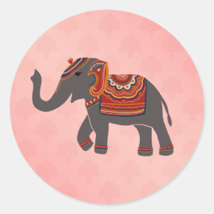 Indische Olifant Damast Roze Patroon  Ronde Sticker