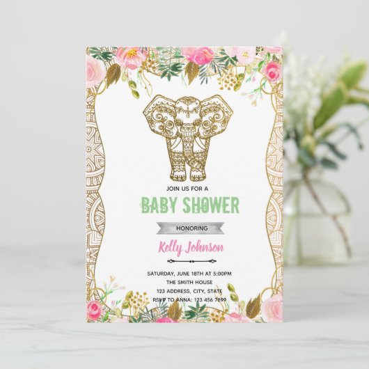 Indische olifant douche verjaardagsuitnodiging kaart (Staand voorkant)