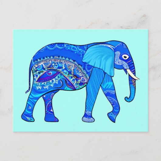 Indische olifant in een Blue Arabesque Pattern Briefkaart (Voorkant)