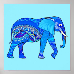 Indische olifant in een Blue Arabesque Pattern Poster