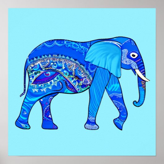 Indische olifant in een Blue Arabesque Pattern Poster (Voorkant)