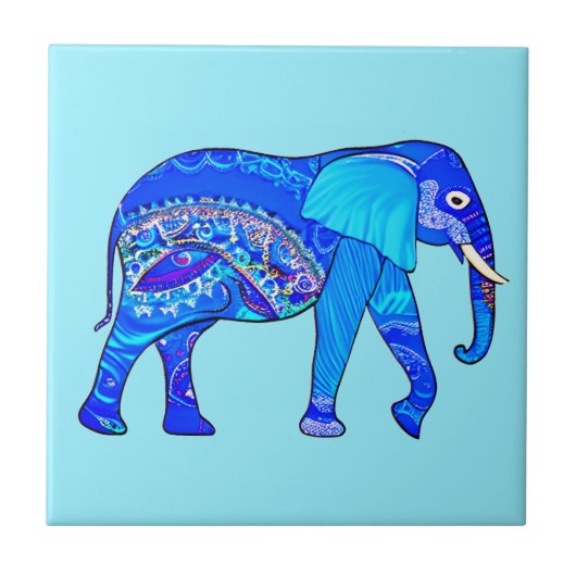 Indische olifant in een Blue Arabesque Pattern Tegeltje (Voorkant)