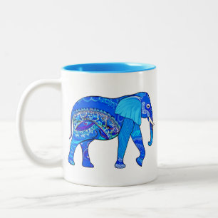 Indische olifant in een Blue Arabesque Pattern Tweekleurige Koffiemok