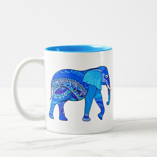 Indische olifant in een Blue Arabesque Pattern Tweekleurige Koffiemok (Links)