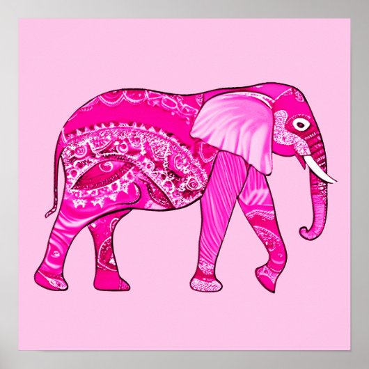 Indische olifant in een Fuchsia Pink Arabesque Pat Poster (Voorkant)