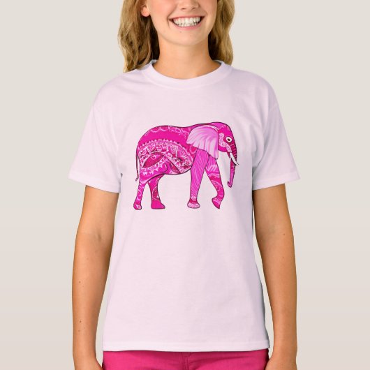 Indische olifant in een Fuchsia Pink Arabesque Pat T-shirt (Voorkant)