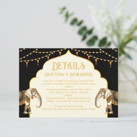 Indische olifant lichten bruiloft details info kaa RSVP kaartje (Staand voorkant)