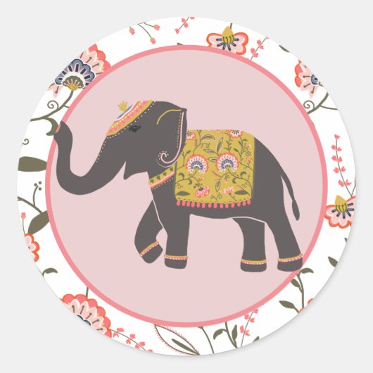 Indische Olifant Roze Geel Bloemmotief Ronde Sticker (Voorkant)