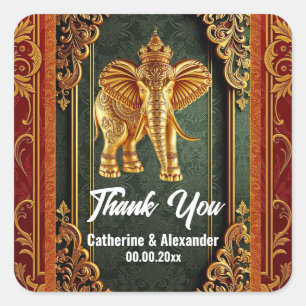 Indische olifanten bordeaux groen goud floral azia vierkante sticker