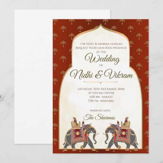 Indische olifantenuitnodigingen en hindoe-trouwkaa kaart (Voorkant / Achterkant)