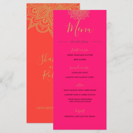 Indische Oranje gouden kleuren met roze kleuren Menu (Voorkant / Achterkant)