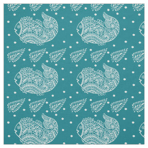 Indische Paisley en viswitblok op groen Stof