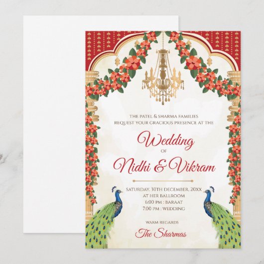 Indische Peacock-uitnodigingen en hindoe-trouwkaar Kaart (Voorkant / Achterkant)