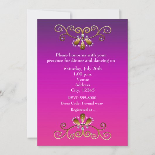 Indische Prinses Goud Paars Roze Feest Uitnodiging (Achterkant)