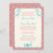 Indische Rococo Floral Coral Aqua Weddenschap Kaart (Voorkant / Achterkant)