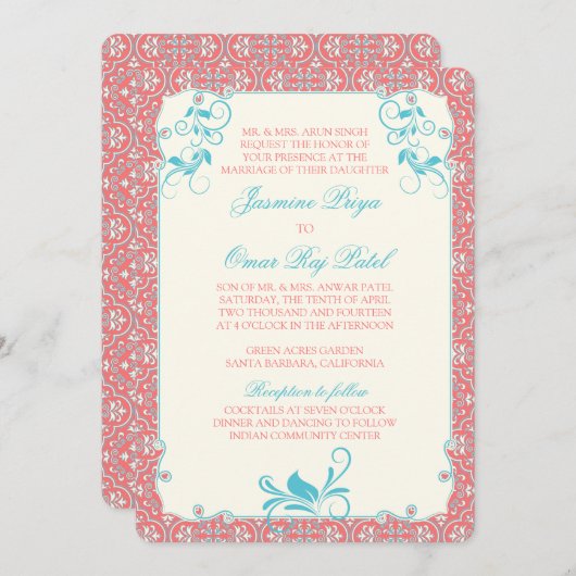 Indische Rococo Floral Coral Aqua Weddenschap Kaart (Voorkant / Achterkant)