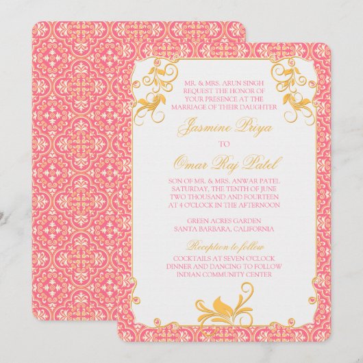 Indische Rococo Floral Pink Gold Weddenschap Kaart (Voorkant / Achterkant)