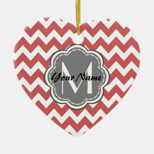 Indische Rode Chevron Floral Gray Monogram Keramisch Ornament (Voorkant)