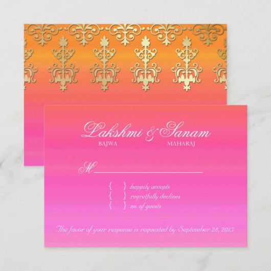 Indische RSVP-kaart voor weddenschap Damasroze Sin RSVP Kaartje (Voorkant / Achterkant)