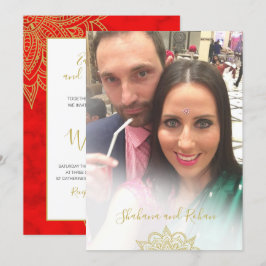Indische Stijl Foto Overlay Red Gold Modern Wedden Kaart
