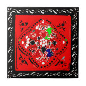 Indische stijl Rood/Zwarte Floral Tile Tegeltje (Voorkant)