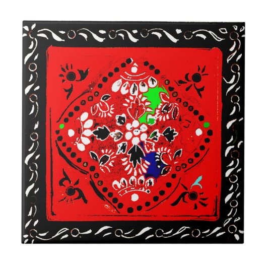 Indische stijl Rood/Zwarte Floral Tile Tegeltje (Voorkant)