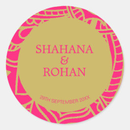 Indische stijlroze goudbruine bruiloft ronde sticker