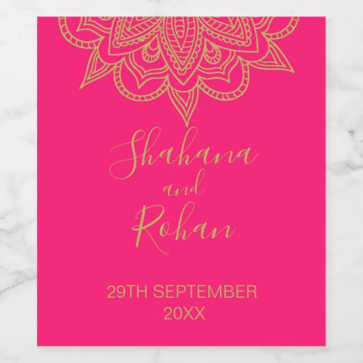 Indische stijlroze gouden kleuren met een moderne  wijn etiket (Enkel label)