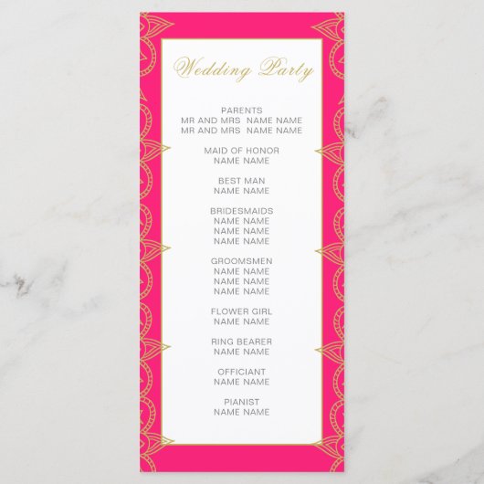 Indische stijlroze goudpatroonweddenschap programmakaart (Achterkant)