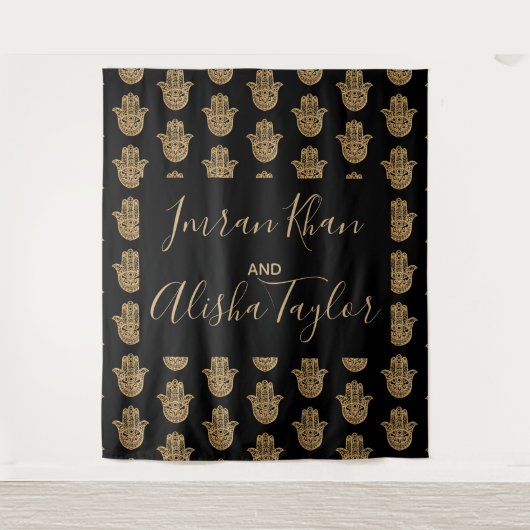 Indische trouwdatum Hamsa Goud Henna Wandkleed (Voorkant)