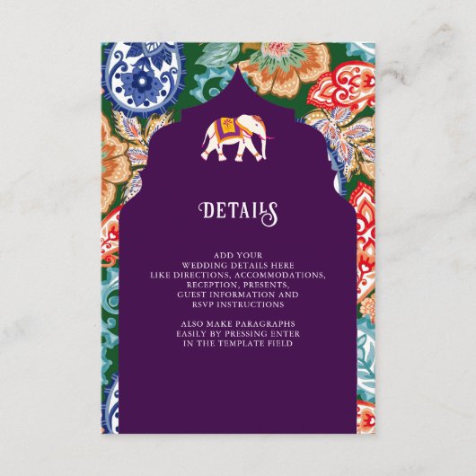 Indische volkskunst olifant aubergine bruiloft det informatiekaartje (Voorkant)