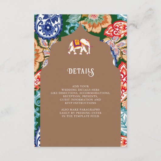 Indische volkskunst olifant beige bruiloft details informatiekaartje (Voorkant)