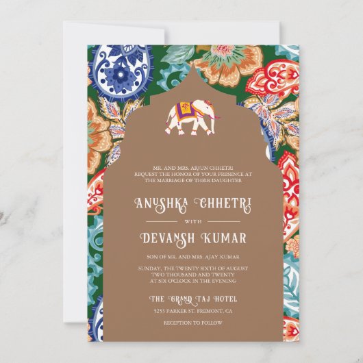 Indische volkskunst olifant beige bruiloft kaart (Voorkant)