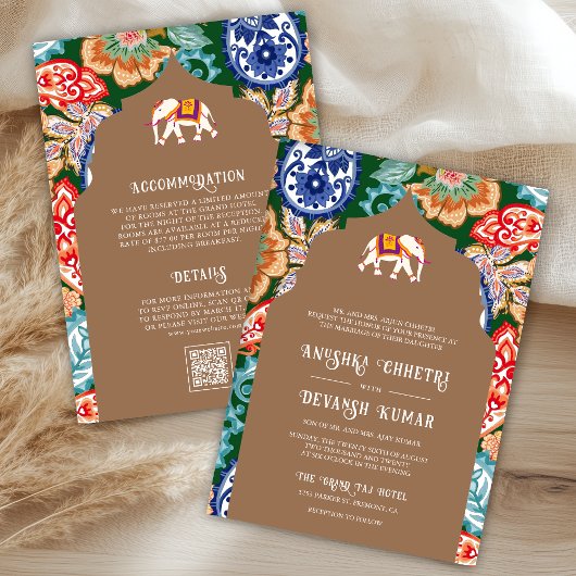 Indische volkskunst olifant beige bruiloft kaart