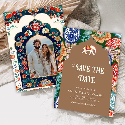 Indische volkskunst olifant beige bruiloft save the date